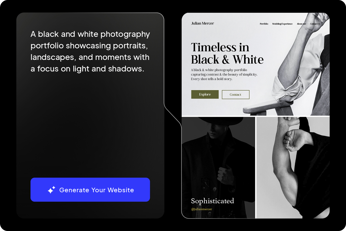 Image showcasing the generation of a black and white photography portfolio website with AI Website Builder.